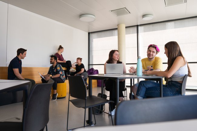 Mehrere Personen sitzen und stehen in einer hellen Selbstlernzone mit großen Fenstern. Sie arbeiten in kleinen Gruppen an Tischen, einige mit Laptop und Getränkeflasche, andere im Gespräch auf einer Sitzbank. Im Vordergrund sind Stühle und Tische sichtbar, im Hintergrund eine Wand mit Fenstern. Mehrere Personen sitzen und stehen in einer hellen Selbstlernzone mit großen Fenstern. Sie arbeiten in kleinen Gruppen an Tischen, einige mit Laptop und Getränkeflasche, andere im Gespräch auf einer Sitzbank. Im Vordergrund sind Stühle und Tische sichtbar, im Hintergrund eine Wand mit Fenstern.