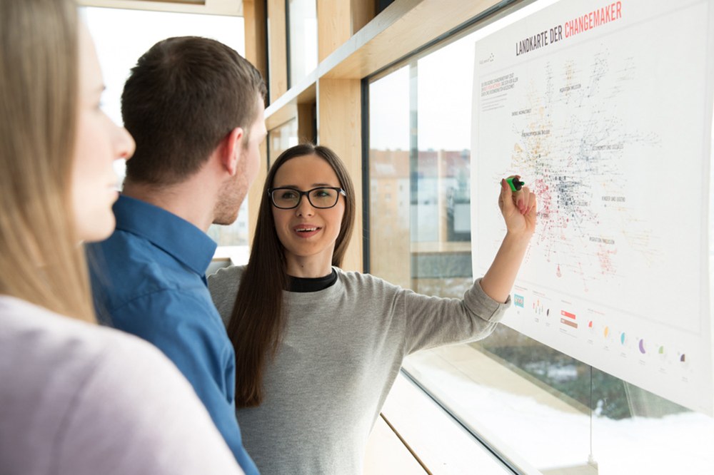 Studierende stehen an einer Karte mit Titel "Landkarte der Changemaker" 