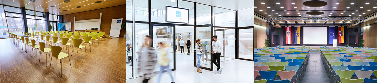 Raumvermietung: Bilder des kleinen und großen Festsaals sowie des Foyers im Gebäude B Raumvermietung: Bilder des kleinen und großen Festsaals sowie des Foyers im Gebäude B