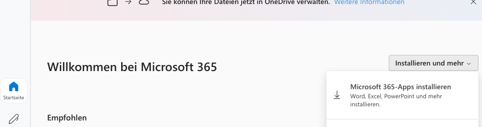 Office365 Auswahlbildschirm