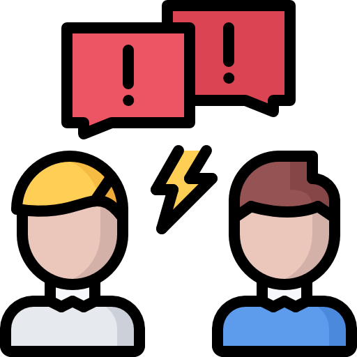 Icons: 2 schematisch dargestellte Personen, dazwischen Rufezeichen und ein Blitz als Symbol eines Streitgesprächs
