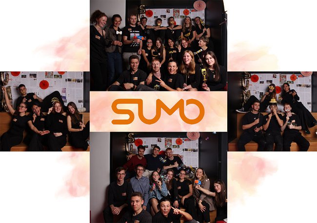 SUMO Magazin Collage von Fotos von Studierenden mit dem SUMO Magazin, aufgeklappt über ihrem Kopf