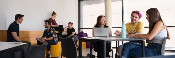 Studierende sitzen in einem offenen Lernbereich und arbeiten gemeinsam in kleinen Gruppen.