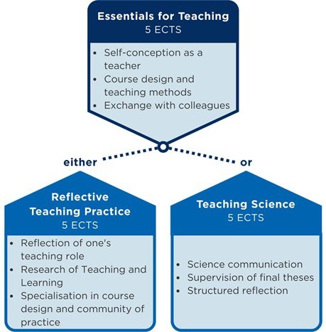 Overview of two elective modules in teaching: After 'Essentials for Teaching' (5 ECTS), one can choose either 'Reflective Teaching Practice' (5 ECTS) or 'Teaching Science' (5 ECTS).