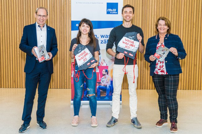 FH-Geschäfstführer Gernot Kohl, die Studierenden Melanie Schörg und Mathias Juvan, AK-Vizepräsidentin Gerda Schilcher