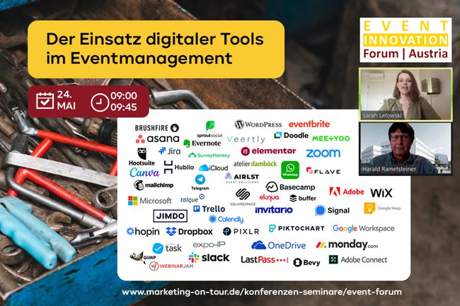 FH-Dozent Harald Rametsteiner, Leiter des berufsbegleitenden Masterlehrgangs Eventmanagement an der FH St. Pölten, und Master-Absolventin Sarah Letowski referierten im Rahmen des EVENT INNOVATION FORUM über den Einsatz digitaler Tools im Eventmanagement.