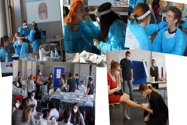 Collage aus verschiedenen Fotos von Studierenden bei praktischen Übungen