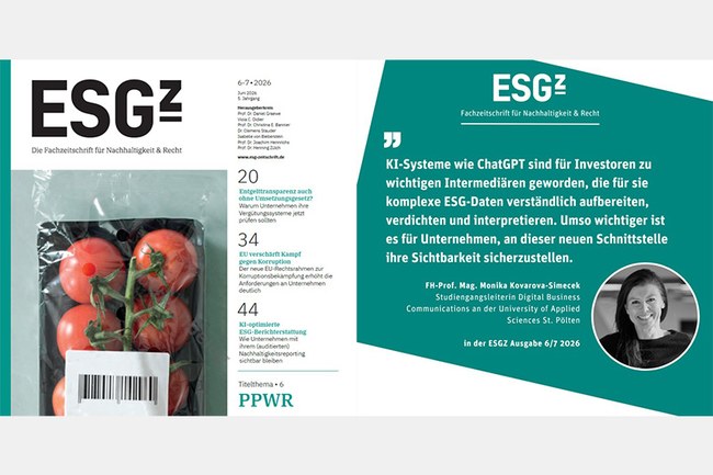 KI-optimierte ESG-Berichterstattung: Fachbeitrag Fachbeitrag von Monika Kovarova-Simecek, Eloy Barrantes, Henning Zülch und Fabian Kummerow in der ESGZ (6-7/2026)