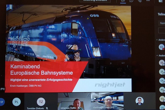 Start des Online Vortrages: Es sind eine Präsentationsfolie mit Nachtzug sichtbar sowie die Vortragenden und Teilnehmenden