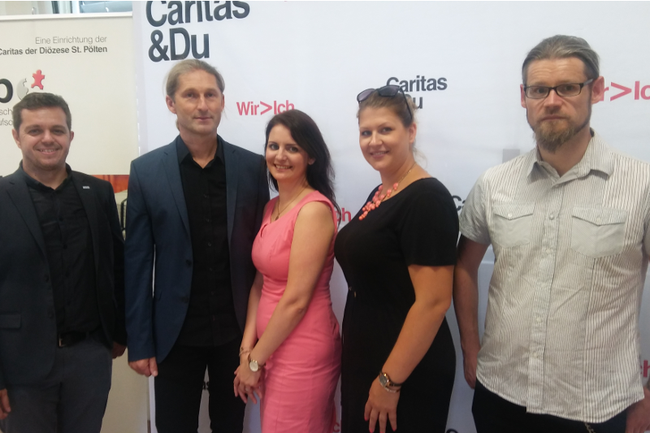 Von li. nach re.: Mag. (FH) Michael Cserveny-Leitung Arbeitsassistenz; DSA Rudolf Dörr-Kaltenberger-Fachbereichsleitung Berufliche Integration, Leitung Mobilitätscoaching; Patricia Renner BA-FH St. Pölten; Carina Membir BA-Leitung BBO; DSP Christian Frid-Leitung Jobcoaching