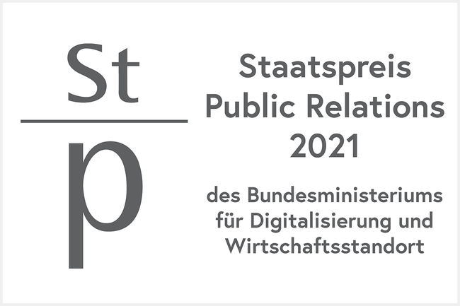 Text im Bild: Staatspreis Public Relations 2021 des Bundesministeriums für Digitalisierung und Wirtschaftsstandort